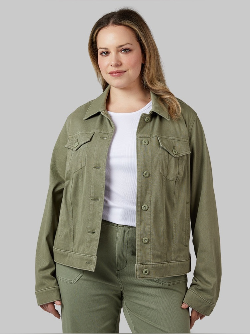 32 Degrees | WOMEN'S MINI KNIT TWILL TRUCKER JACKET Fresh Olive